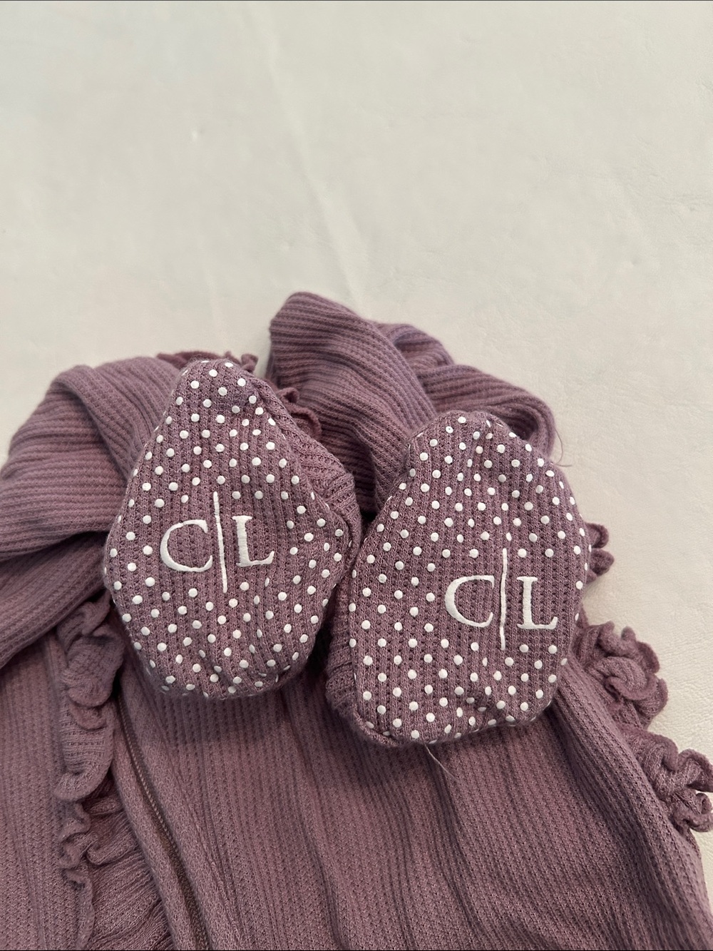 Caden Lane Mauve Ruffle Ribbed Footed One-Piece - Picture 4 of 4